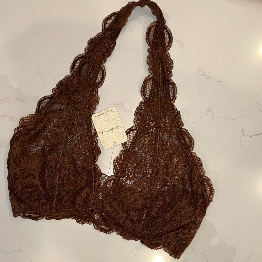 FREE PEOPLE Last Dance Lace Halter Bralette in Chocolate Brown. Size small - Picture 4 of 7